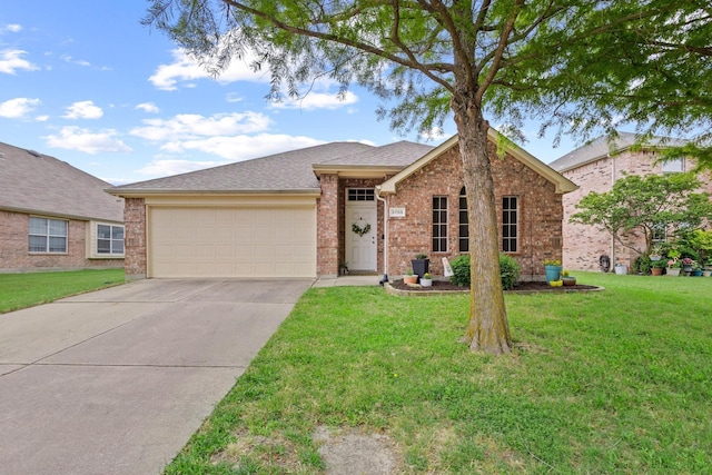 3705 Applewood Rd, Melissa, TX 75454 - view of front facade with brick siding, driveway, a garage, a front yard, and roof with shingles
