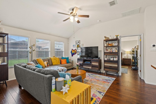 3705 Applewood Rd, Melissa, TX 75454 - living area featuring plenty of natural light, lofted ceiling, a ceiling fan, dark wood-style flooring, and baseboards