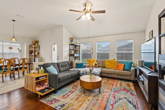 3705 Applewood Rd, Melissa, TX 75454 - living room featuring lofted ceiling, healthy amount of natural light, hardwood / wood-style floors, and a ceiling fan