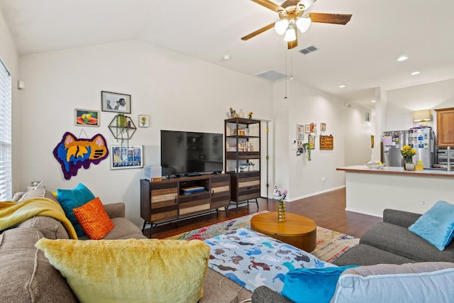 3705 Applewood Rd, Melissa, TX 75454 - living area featuring dark wood finished floors, a ceiling fan, baseboards, recessed lighting, and vaulted ceiling
