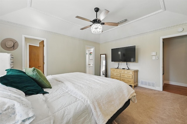 3407 Dovecreek Dr, Arlington, TX 76016 - carpeted bedroom with crown molding, baseboards, and a ceiling fan