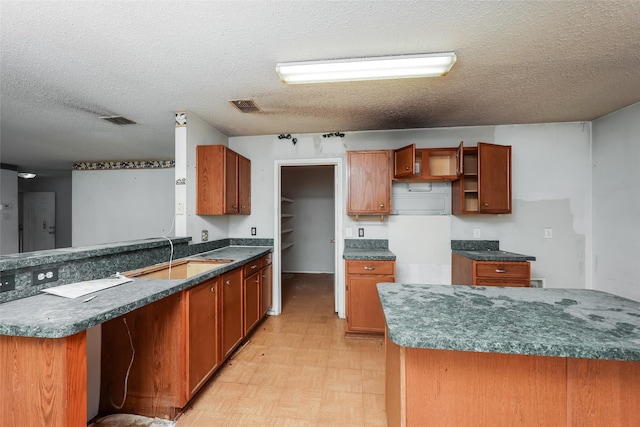 7922 Jubilant Dr, Dallas, TX 75237 - kitchen with a sink, light floors, a textured ceiling, brown cabinets, and dark countertops