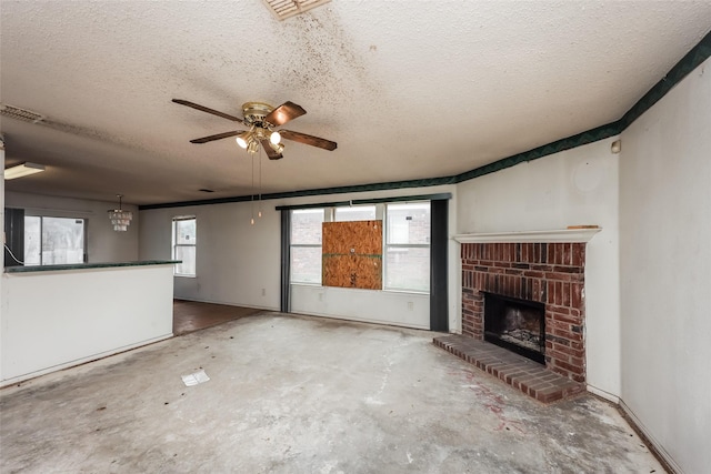 7922 Jubilant Dr, Dallas, TX 75237 - unfurnished living room with a textured ceiling, ceiling fan, a brick fireplace, concrete floors, and baseboards