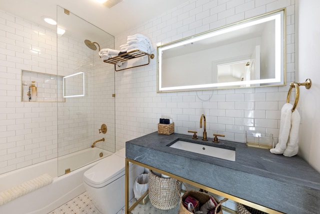 2 Terrabella Ln, Heath, TX 75032 - full bathroom with tile walls, shower / tub combination, toilet, vanity, and decorative backsplash