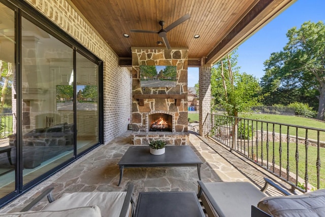 2 Terrabella Ln, Heath, TX 75032 - view of patio with a ceiling fan and an outdoor living space with a fireplace