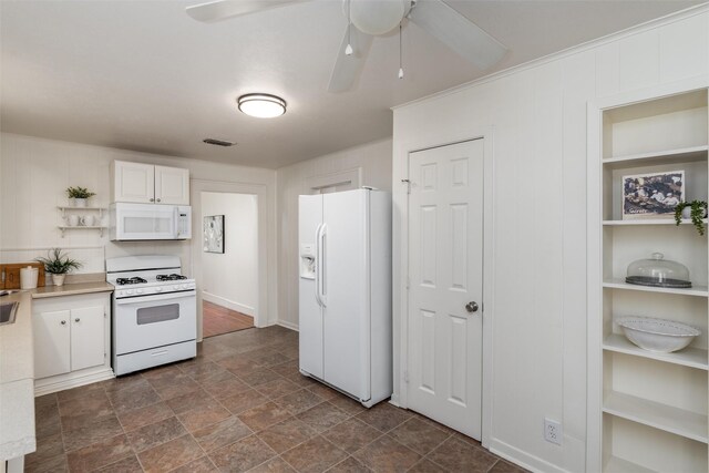 1311 Oak St, Mckinney, TX 75069 - kitchen with white appliances, a ceiling fan, light countertops, white cabinetry, and open shelves