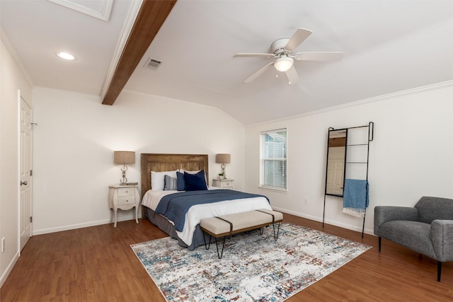 1311 Oak St, Mckinney, TX 75069 - bedroom featuring wood finished floors, baseboards, crown molding, a ceiling fan, and vaulted ceiling
