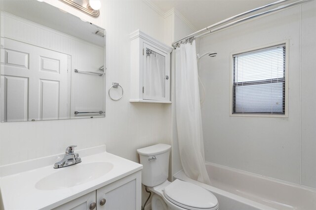 1311 Oak St, Mckinney, TX 75069 - bathroom featuring ornamental molding, vanity, toilet, and shower / bathtub combination with curtain