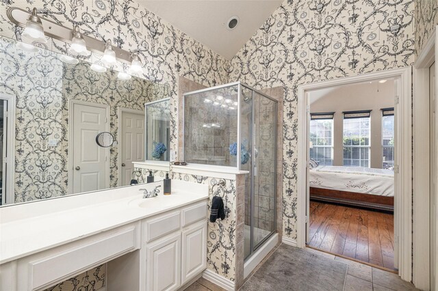 437 Fox Trl, Allen, TX 75002 - full bath with lofted ceiling, a stall shower, ensuite bath, vanity, and tile patterned flooring