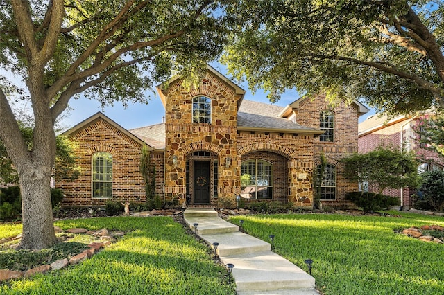 437 Fox Trl, Allen, TX 75002 - traditional-style home featuring brick siding, roof with shingles, a front yard, and stone siding
