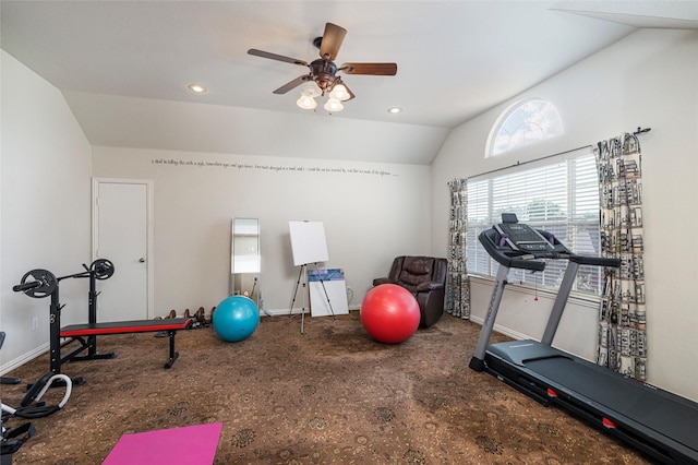437 Fox Trl, Allen, TX 75002 - workout area with vaulted ceiling, ceiling fan, baseboards, and recessed lighting