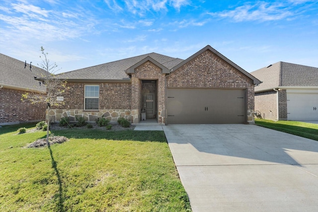 719 Dove Haven Way, Lavon, TX 75166 - view of front of home featuring brick siding, an attached garage, a front yard, driveway, and roof with shingles