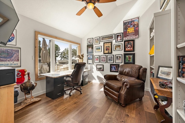 145 Vista Dr, Eustace, TX 75124 - office space with ceiling fan, wood finished floors, baseboards, and high vaulted ceiling