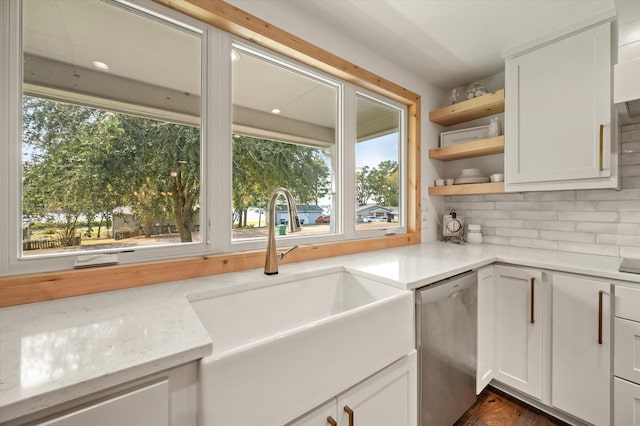 145 Vista Dr, Eustace, TX 75124 - kitchen featuring stainless steel dishwasher, a sink, open shelves, white cabinets, and tasteful backsplash