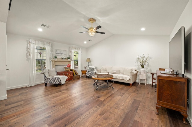 145 Vista Dr, Eustace, TX 75124 - living area with a ceiling fan, wood finished floors, lofted ceiling, and recessed lighting