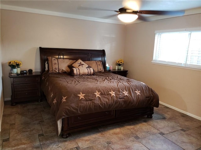 3102 Chestnut Rd, Carrollton, TX 75007 - bedroom with stone finish flooring, ornamental molding, baseboards, and ceiling fan