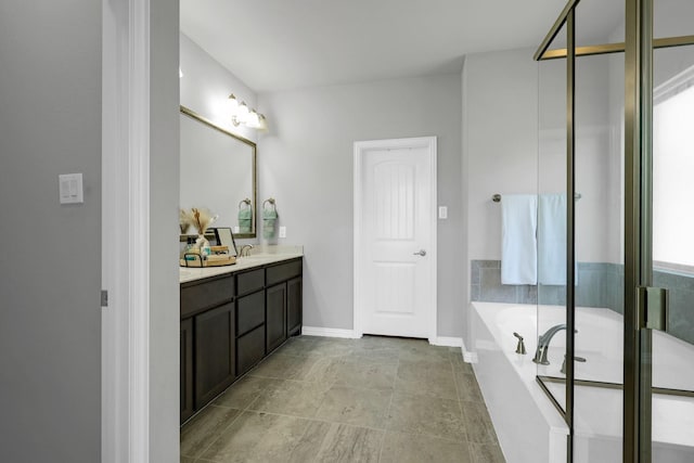 2806 Palmerston Dr, Midlothian, TX 76065 - bathroom featuring double vanity, a bath, baseboards, and an enclosed shower