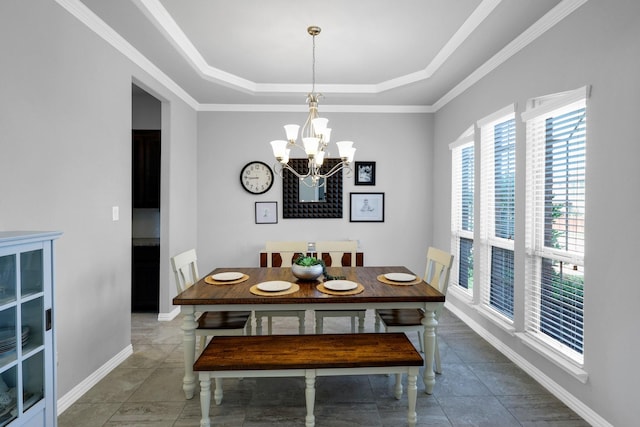 2806 Palmerston Dr, Midlothian, TX 76065 - tiled dining space with a tray ceiling, a chandelier, baseboards, and ornamental molding