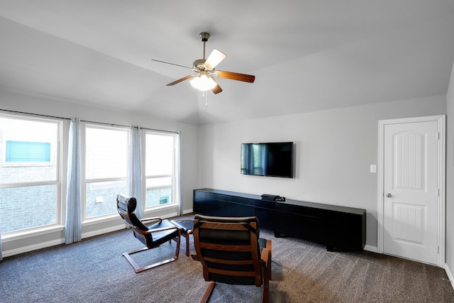 2806 Palmerston Dr, Midlothian, TX 76065 - carpeted living area with a ceiling fan, vaulted ceiling, baseboards, and a desk