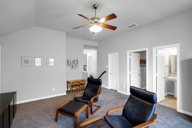 2806 Palmerston Dr, Midlothian, TX 76065 - carpeted office featuring a ceiling fan, lofted ceiling, and baseboards