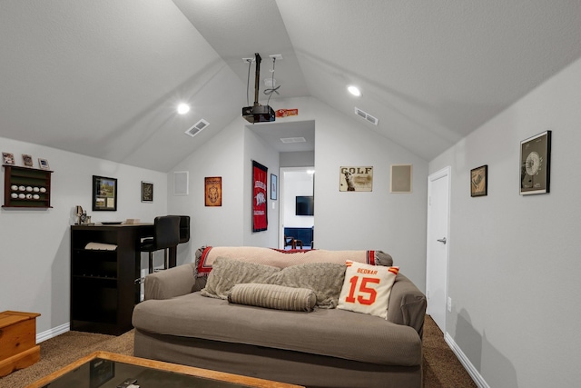 2806 Palmerston Dr, Midlothian, TX 76065 - living area with carpet floors, vaulted ceiling, and baseboards