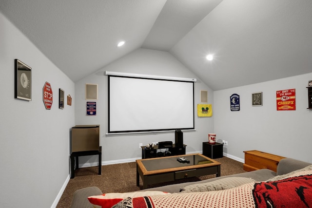 2806 Palmerston Dr, Midlothian, TX 76065 - carpeted cinema featuring vaulted ceiling, recessed lighting, and baseboards