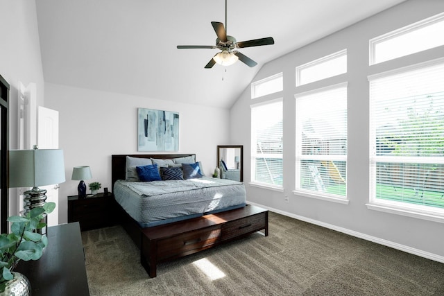 2806 Palmerston Dr, Midlothian, TX 76065 - bedroom featuring multiple windows, vaulted ceiling, carpet flooring, baseboards, and ceiling fan