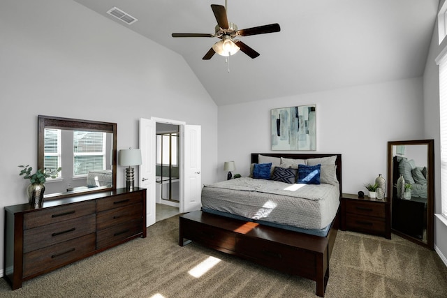 2806 Palmerston Dr, Midlothian, TX 76065 - bedroom with carpet flooring, high vaulted ceiling, and a ceiling fan