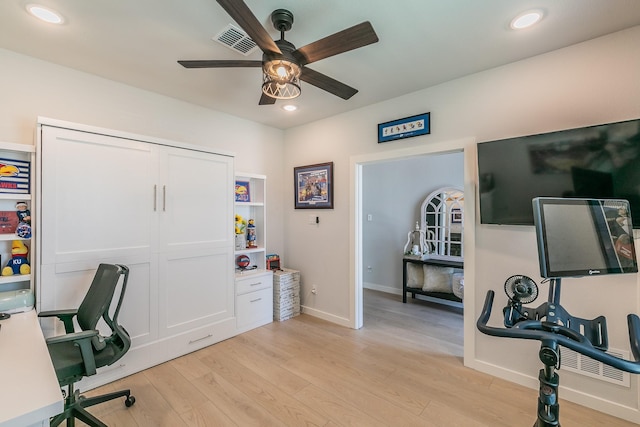 14709 Storyteller Ln, Fort Worth, TX 76052 - office area featuring ceiling fan, light wood finished floors, recessed lighting, and baseboards