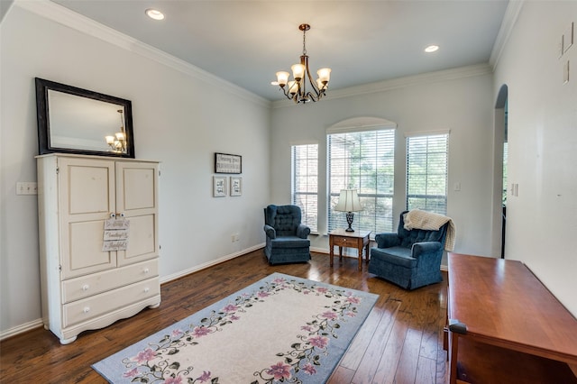 336 Maggie St, Canton, TX 75103 - sitting room with a chandelier, dark wood-type flooring, crown molding, recessed lighting, and baseboards