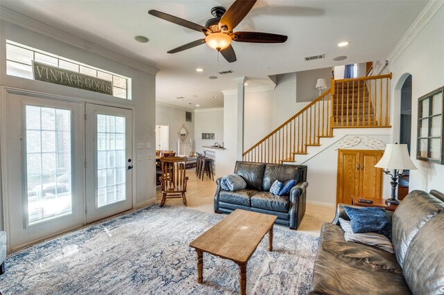 336 Maggie St, Canton, TX 75103 - living room with stairs, a ceiling fan, crown molding, and recessed lighting