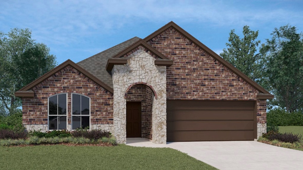 514 Big Bend Dr, Fate, TX 75087 - french country inspired facade featuring stone siding, a garage, driveway, and a front lawn