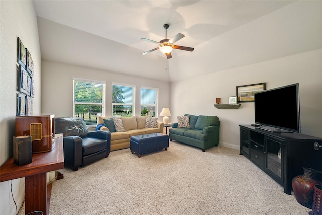 217 Golden Arrow Dr, Weatherford, TX 76087 - living area featuring carpet floors, ceiling fan, vaulted ceiling, and baseboards