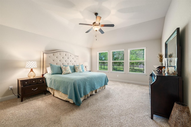 217 Golden Arrow Dr, Weatherford, TX 76087 - bedroom with light colored carpet, lofted ceiling, baseboards, and ceiling fan