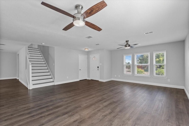 4204 Birch Creek Rd, Fort Worth, TX 76244 - unfurnished living room with ceiling fan, stairs, baseboards, and dark wood-style flooring