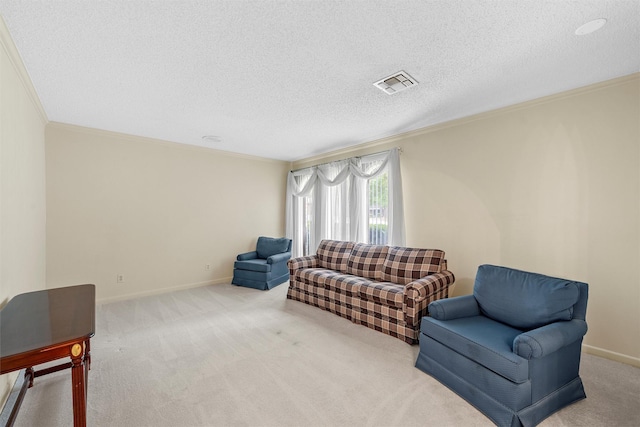 120 Wooded Crest Dr, Woodway, TX 76712 - living area with ornamental molding, carpet floors, a textured ceiling, and baseboards