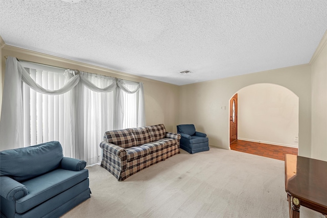 120 Wooded Crest Dr, Woodway, TX 76712 - carpeted living room featuring arched walkways, a textured ceiling, ornamental molding, and baseboards
