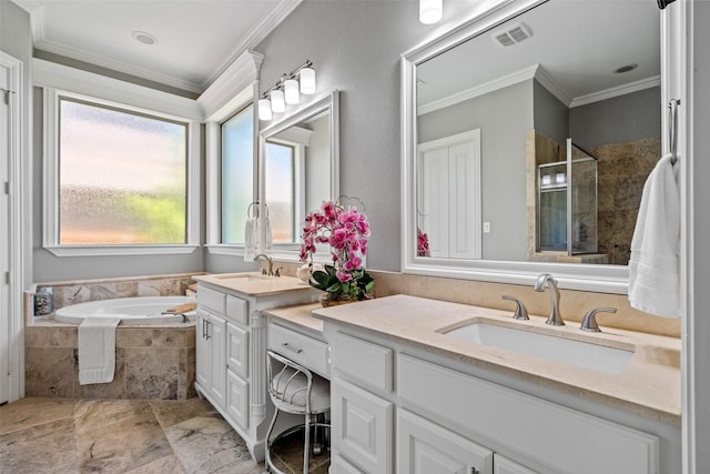 7305 Kingsbarns, The Colony, TX 75056 - full bath with double vanity, a garden tub, crown molding, and a shower stall