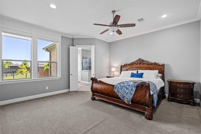 7305 Kingsbarns, The Colony, TX 75056 - bedroom with carpet floors, baseboards, ornamental molding, recessed lighting, and ceiling fan