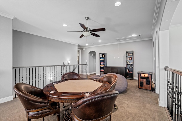 7305 Kingsbarns, The Colony, TX 75056 - carpeted dining space with attic access, ceiling fan, recessed lighting, crown molding, and baseboards