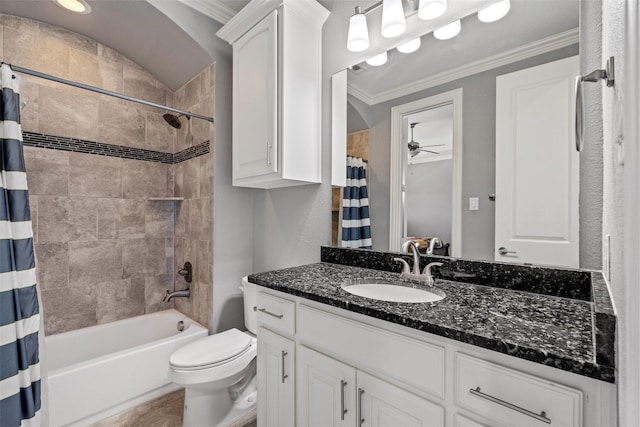 7305 Kingsbarns, The Colony, TX 75056 - bathroom with vanity, ceiling fan, shower / bath combo with shower curtain, ornamental molding, and toilet