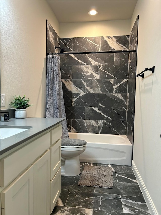 140 Hummingbird Dr, Weatherford, TX 76088 - bathroom featuring vanity, shower / bathtub combination with curtain, toilet, marble finish flooring, and recessed lighting