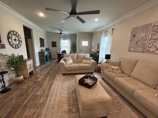 140 Hummingbird Dr, Weatherford, TX 76088 - living room featuring dark wood finished floors, ceiling fan, baseboards, crown molding, and recessed lighting