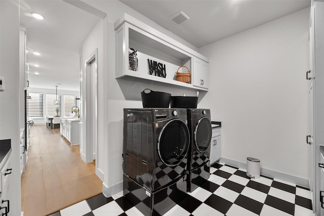 1907 Cedar Bluff Pkwy, Mansfield, TX 76063 - laundry area with cabinet space, tile patterned floors, independent washer and dryer, baseboards, and recessed lighting