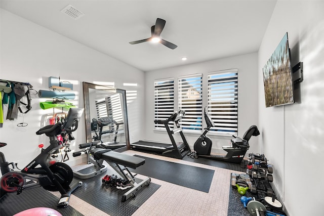 1907 Cedar Bluff Pkwy, Mansfield, TX 76063 - workout area with a ceiling fan, vaulted ceiling, baseboards, and recessed lighting