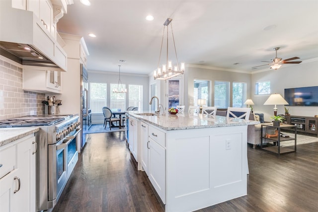 4008 N Cresthaven Rd, Dallas, TX 75209 - kitchen with premium appliances, custom exhaust hood, ornamental molding, dark wood-type flooring, and a sink