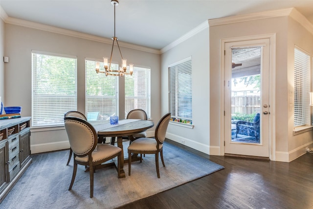 4008 N Cresthaven Rd, Dallas, TX 75209 - dining area featuring dark wood-type flooring, baseboards, a chandelier, plenty of natural light, and crown molding