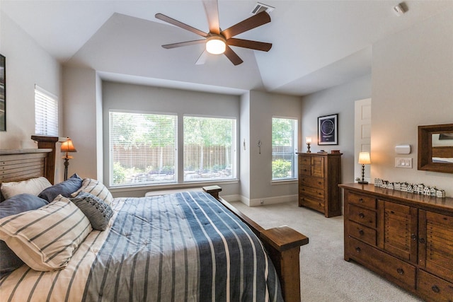 4008 N Cresthaven Rd, Dallas, TX 75209 - bedroom with light carpet, lofted ceiling, baseboards, and a ceiling fan