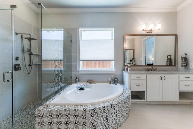 4008 N Cresthaven Rd, Dallas, TX 75209 - full bathroom with a shower stall, a whirlpool tub, vanity, healthy amount of natural light, and crown molding