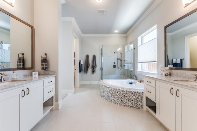 4008 N Cresthaven Rd, Dallas, TX 75209 - bathroom with two vanities, tiled shower, a garden tub, crown molding, and baseboards